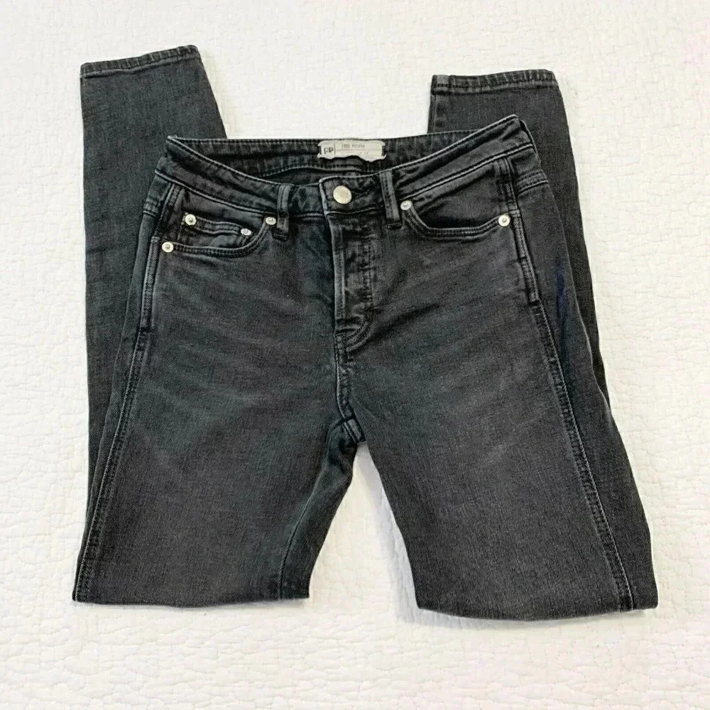 Free People Skinny Faded Black Jeans Button Fly